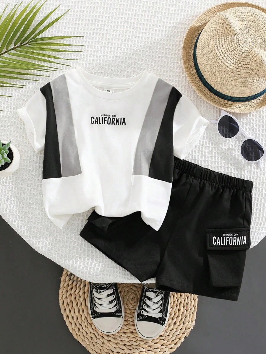 SHEIN 嬰兒男童休閒寬鬆字母印花短袖T恤和短褲套裝，圓領拼色設計 - 黑色 - 查看 1