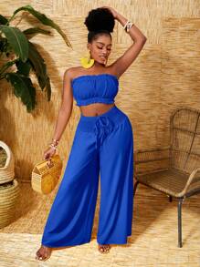 Slaydiva Summer Solid Color Strapless Ruffle Top And Wide Leg Pants Vacation 2pcs Set