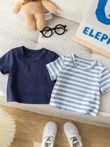 SHEIN Newborn Baby Boy/Girl Colorful Striped Round Neck Short Sleeve Pullover, Solid Color T-Shirt Set Of 2