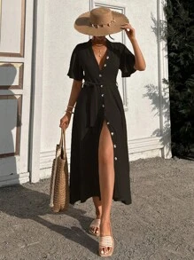 EURMUSE Ruffle Sleeve Crew-Neck Buttoned Maxi Dress With Shell Belt - Black - View 5