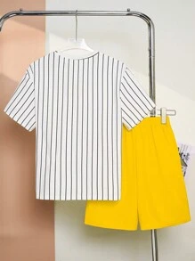 SHEIN Tween Boy Street Style Letter Printed Striped Crew Neck Short Sleeve T-Shirt And Solid Knit Shorts Two-Piece Casual Set - Yellow - View 2