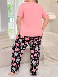 SweetSlumber Cute Cat Printed Short Sleeve Long Pants Pajamas Set - Baby Pink - View 2