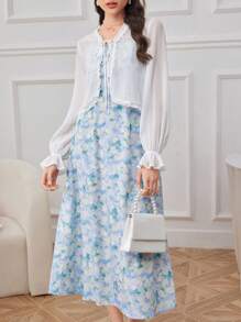 Seusyu Ladies' Solid Color Sheer Outerwear And Printed Dress, Simple Everyday 2-Piece Set - Blue - View 7