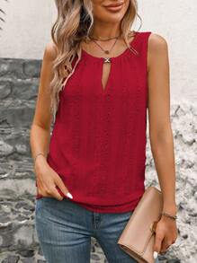 INAWLY Áo ba lỗ thông thường màu trơn thêu khoét cổ chữ V mùa hè dành cho nữ - Màu Đỏ Sâu - Xem 5