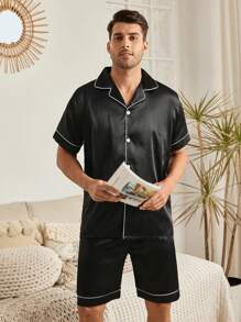 純黑色緞面男士家居服套裝 - 黑色 - 查看 4