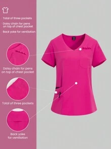 TaskEZ 女士夏季休閒實色短袖擦布上衣，帶有三個口袋和V領，啞光面