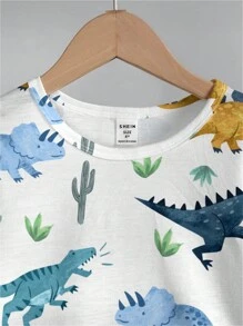 SHEIN Young Boy Casual Simple Dinosaur Cartoon Printed Short Sleeve Round Neck T-Shirt, Summer - White - View 5