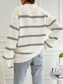 EURMUSE Women's Striped Drop Shoulder Sweater - Grey - View 2