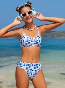 SHEIN Conjunto de biquíni floral Tween Girl férias praia Ditsy verão praia