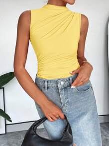 SHEIN Essnce Women'S Summer Casual  Stand Collar Pleated Sleeveless Bodysuit - Yellow - View 4