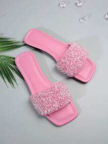 珍珠仙女拖鞋，女士款，法式2025新款夏季户外软底休闲办公凉鞋，沙滩装扮 - 粉色 - 查看 3