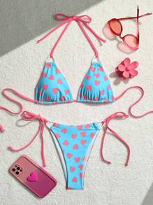 Swim Mod Women's Summer Beach Heart Print Halter Neck Tie Sexy Bikini Set, Vacation Bikini Set