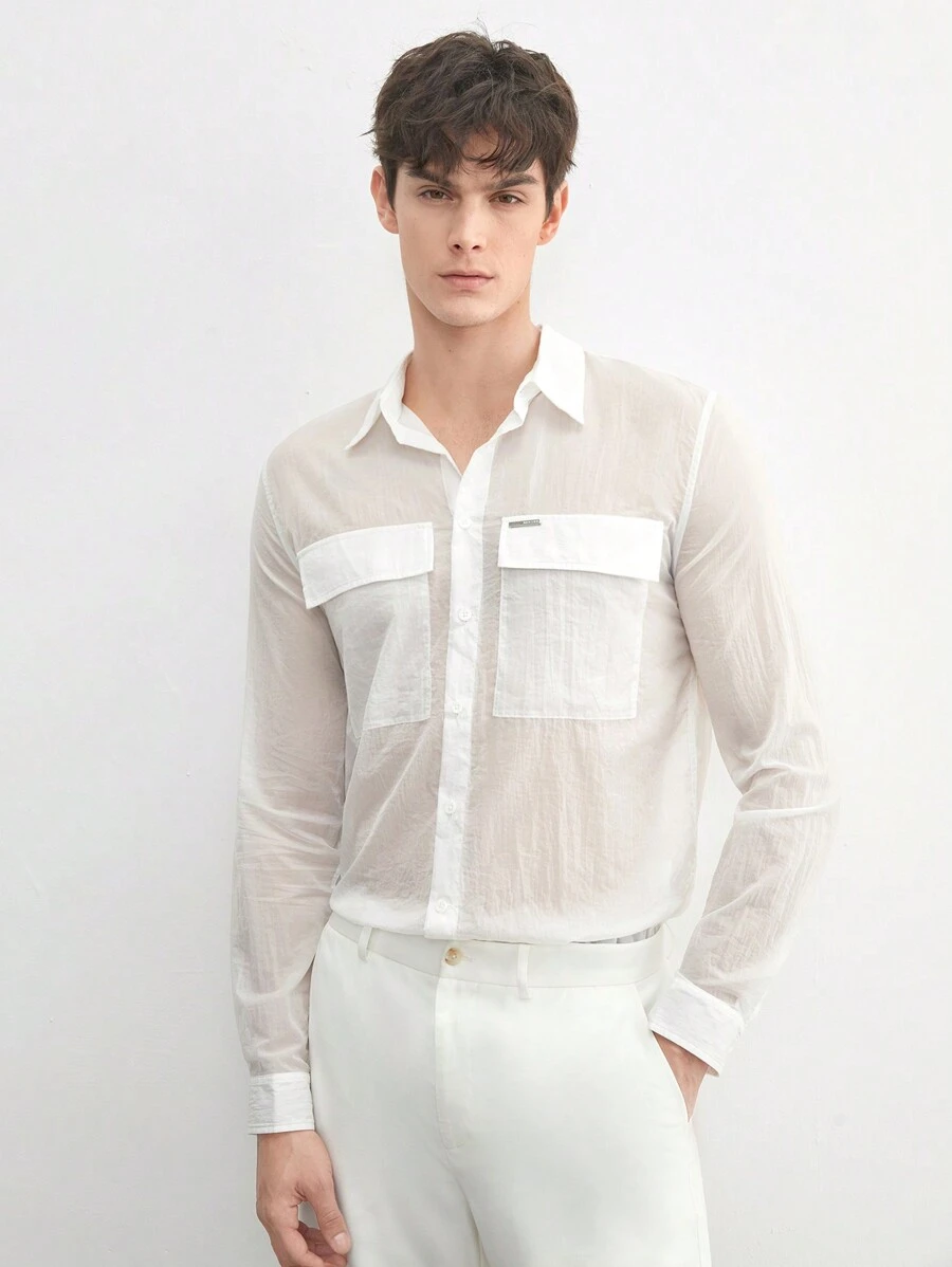 AKNOTIC Business Casual Men's Woven Nylon Wrinkle Solid Color Thin Shacket, For Fall Winter - White - View 1