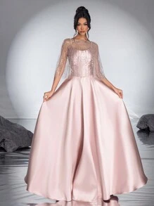 Elegant And Classy Ladies' New High-End Sequin Mesh Shawl With Spaghetti Strap A-Line Evening Dress - Rose Gold - View 1