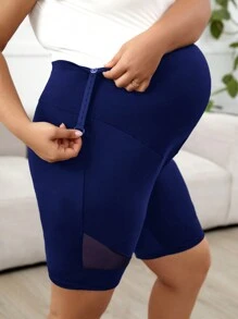 SHEIN Maternity Plus Size High Waist Mesh Panel Solid Color Stretchy Short Leggings