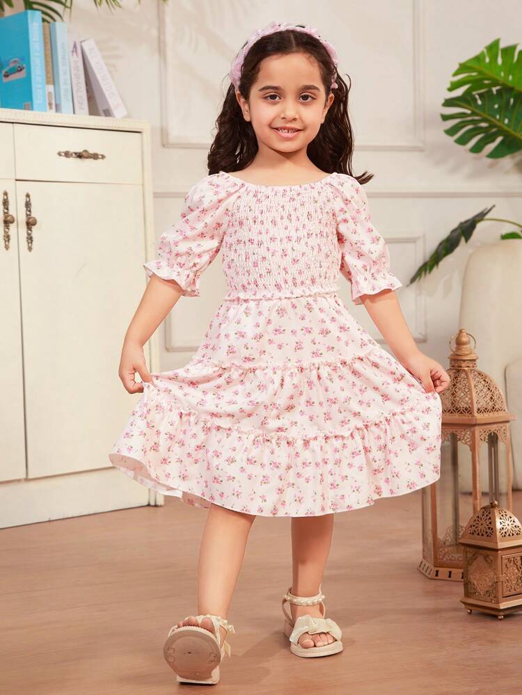Young Girl Light Pink Square Collar Top And Light Pink A-Line Loose Skirt Family Matching Outfits (4 Pieces Sold Separately)