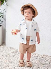 SHEIN Baby Boy Floral Patterned Short Sleeve Collared Romper With Plain Shorts And Bib Set, 3pcs