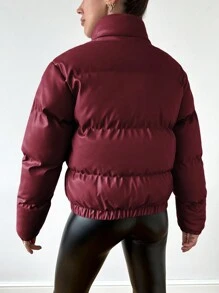 EURMUSE Pocket & Side Zipper Design Puffer Coat - Burgundy - View 2