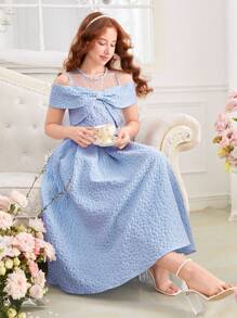 SHEIN Teen Girl Woven Net Dress With Embroidery, Bow And Off-Shoulder Design - Blue - View 8