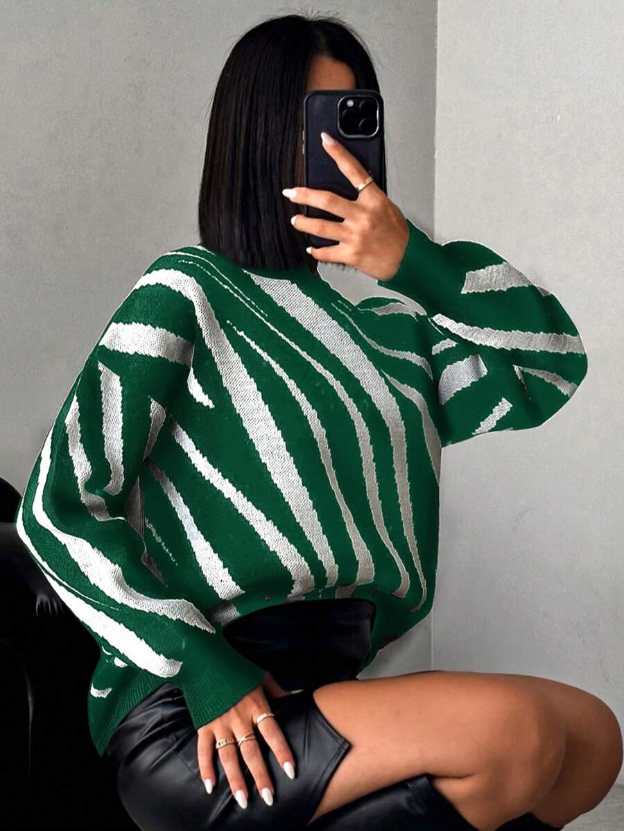 SHEIN Cottnline Round Neck Drop Shoulder Sweater - Green - View 1