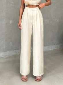 EURMUSE Women's Solid Color High Waisted Wide Leg Pants With Button And Zipper Detail - Beige - View 6