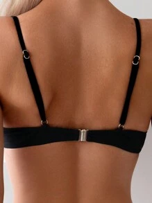 Women's Summer Beach Solid Color Pleated Sexy Bikini Set - Black - View 4