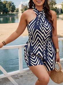 Breezaya Bộ áo liền quần sọc ngày lễ có kích thước cộng với in ngẫu nhiên dành cho nữ - Màu xanh lam - Xem 3