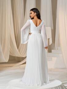 Faeriesty Plunging Neck Trumpet Sleeve Pleated Hem Chiffon Wedding Dress White Elegant Long Sleeve Bridal Dress - White - View 3