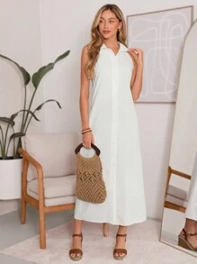 SHEIN LUNE 夏季海滩休闲度假长款亚麻白色上衣衬衫风格女式连衣裙 - 白色 - 查看 5