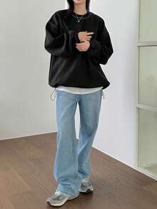 DAZY Women's Drop Shoulder Sweatshirt With Exposed Seams - Black - View 2