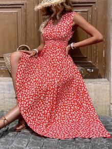 SHEIN LUNE Red Ditsy Floral V-Neck Sleeveless Dress - Red - View 1