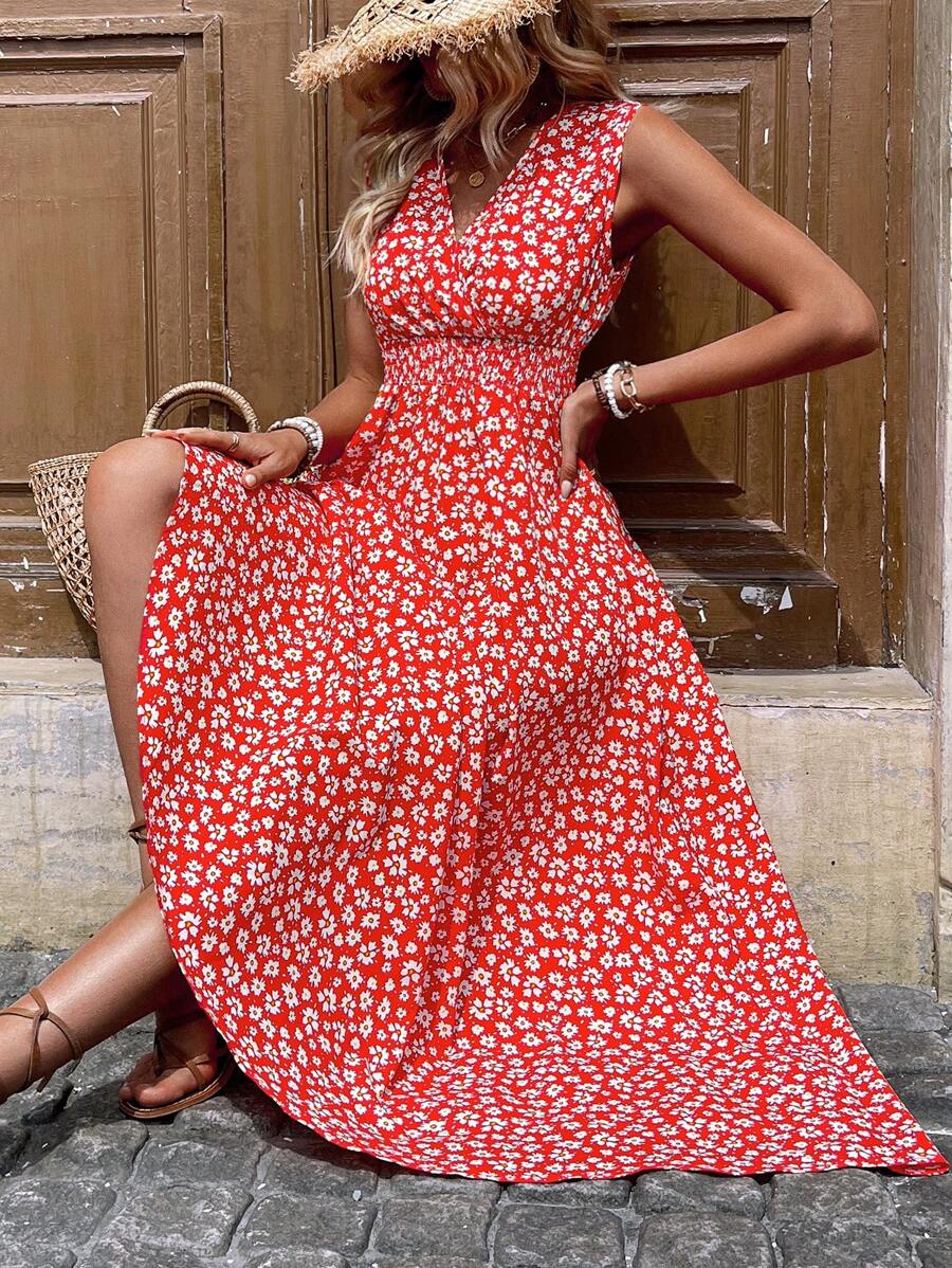 SHEIN LUNE Red Ditsy Floral V-Neck Sleeveless Dress - Red - View 1