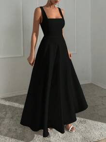 SHEIN Jewel-Embellished Square Neck White A-Line Sleeveless Dress