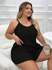 SHEIN Plus Size Solid Color Textured Cami Top And Shorts Pajama Set Lounge Set - Black - View 3