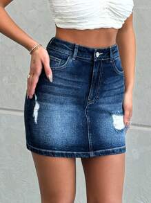 RueChic MINI DESTROYED HIGH WAIST SKINNY SKIRT - Dark Wash - View 6
