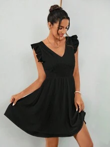 SHEIN Privé 女式無背波點荷葉邊A字裙，適合婚禮季節，約會夜晚，情人節，度假穿搭 - 黑色 - 查看 7