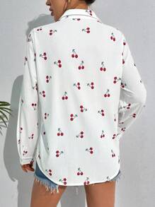 EURMUSE Women's Cherry Print Detail White Shirt - White - View 2