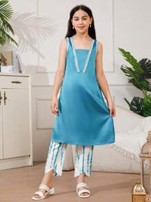 SHEIN 少女長袖V領跑步上衣+休閒十字交叉褲，親子裝（分3套售出） - 薄荷綠 - 查看 4