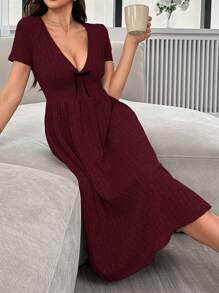 Solid Color Deep V-Neck Bow Decoration Women's Homewear Dress - Burgundy - View 6