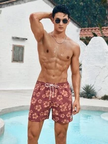 Manfinity VDAYZ Men's Beach Shorts Couples Matching Swimwear Drawstring Waist Front Tie Pocket Floral Print Beach Vacation Hawaiian