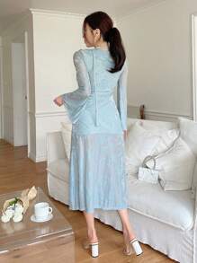 DAZY 女式植绒提花V领长袖连衣裙，秋季，纯色，性感开衩连衣裙，荷叶边 - 藍色 - 查看 6