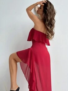 SHEIN Privé Summer Plus Size Elegant Women Flamenco Dress With Strapless Ruffle High Slit, Perfect For Dating, Party, Wedding, Asymmetrical Red Mesh Dress, Wedding Guest Dress - Red - View 3
