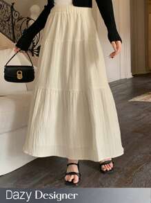 Dazy Designer 女性時尚簡約白色紋理A字裙，優雅多變 - 杏色 - 查看 1