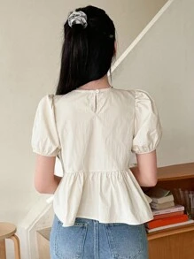 DAZY Women's Round Neck Solid Color Pleated Frill Hem Short Sleeve Shirt, Summer Elegant Style,Short Sleeve Tops,Ruffle - White - View 5