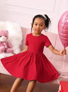 SHEIN Robe courte en tricot unie à manches courtes et dos évidé pour fille jeune, parfait pour un usage décontracté quotidien