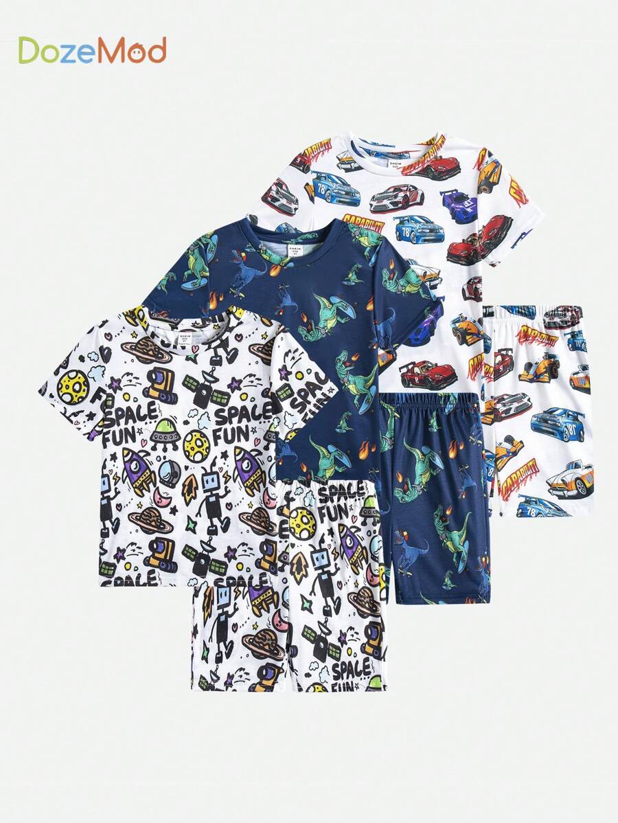 SHEIN Leap Crew 6入組男童休閒圓領印花短袖t恤、短褲和家居服裝套裝 - 彩色 - 查看 1