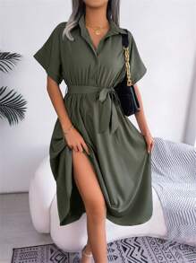 New Spring/Summer Casual Loose Solid Turndown Collar Button Front Short Sleeve Midi Dress, Military Green