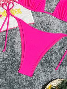 SHEIN Swim Women's Summer Beach Solid Color Halter Neck Strap Sexy Bikini Set With Slogan Print Short Sleeve Cover-Up