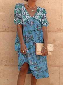 Breezaya Women's Vacation Fashion Patchwork Short Sleeve Printed Dress With Color Blocks - Blue - View 1