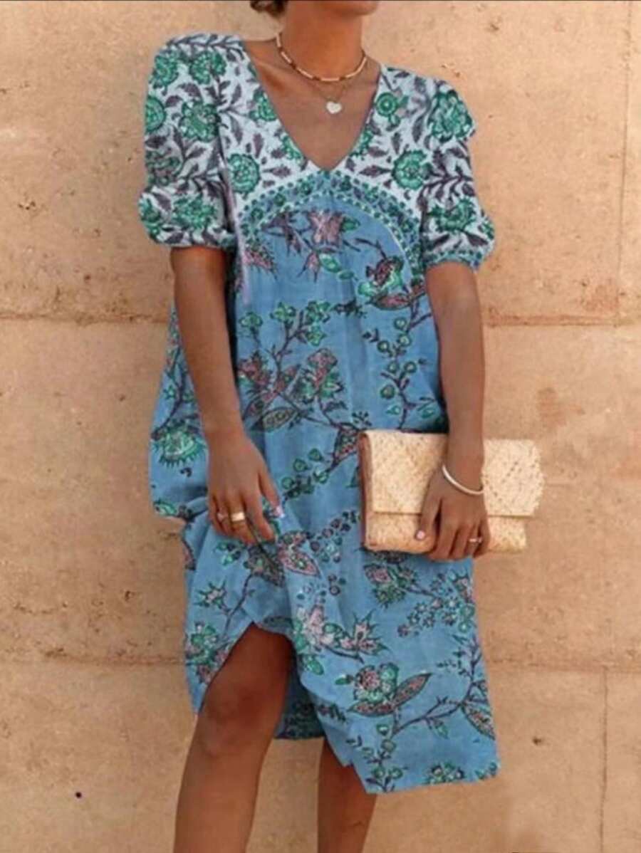 Breezaya Women's Vacation Fashion Patchwork Short Sleeve Printed Dress With Color Blocks - Blue - View 1